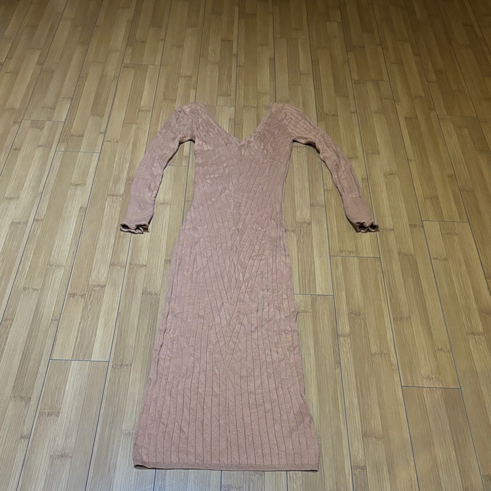 Topshop Long Sleeve Textured Brown Dress